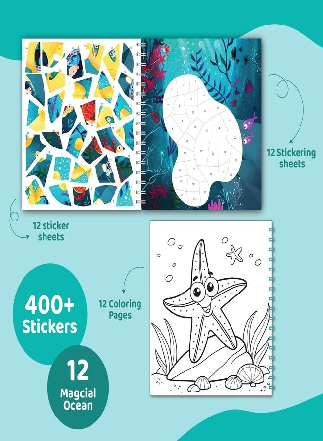 jackinthebox Sticker by Number Book Ocean Theme, 12 Scenes Puzzle Paint by Sticker Book + Colouring Pages, Gifts for Birthday, Party Favour Toys for Girls, Arts & Crafts for Kids Age 7 8 9 10 - Image 2